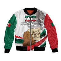 White unisex bomber jacket with green/red sleeves, front zip, patriotic graphic print