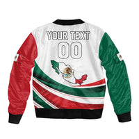White unisex bomber jacket back with YOUR TEXT 00, Mexico map, ribbed cuffs