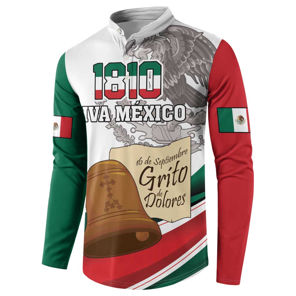 White zip-neck sweatshirt front with green/red sleeves, bell and 1810 Viva Mexico design