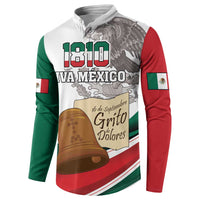 White zip-neck sweatshirt front with green/red sleeves, bell and 1810 Viva Mexico design