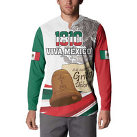 White zip-neck sweatshirt front on model with green/red winged 1810 Viva Mexico graphic