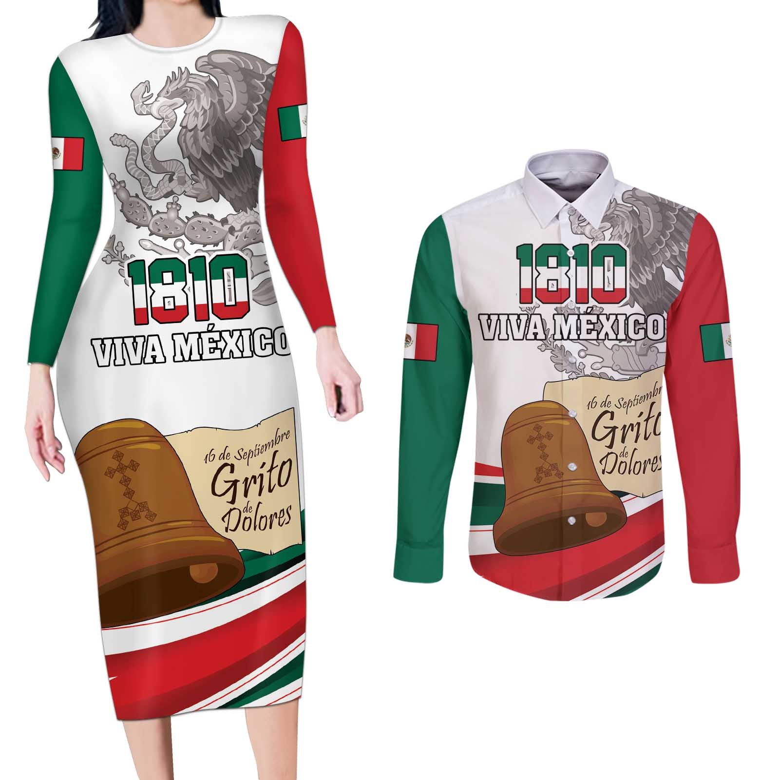 Custom Mexico Independence Day Couples Matching Long Sleeve Bodycon Dress and Long Sleeve Button Shirt El Grito De Independencia