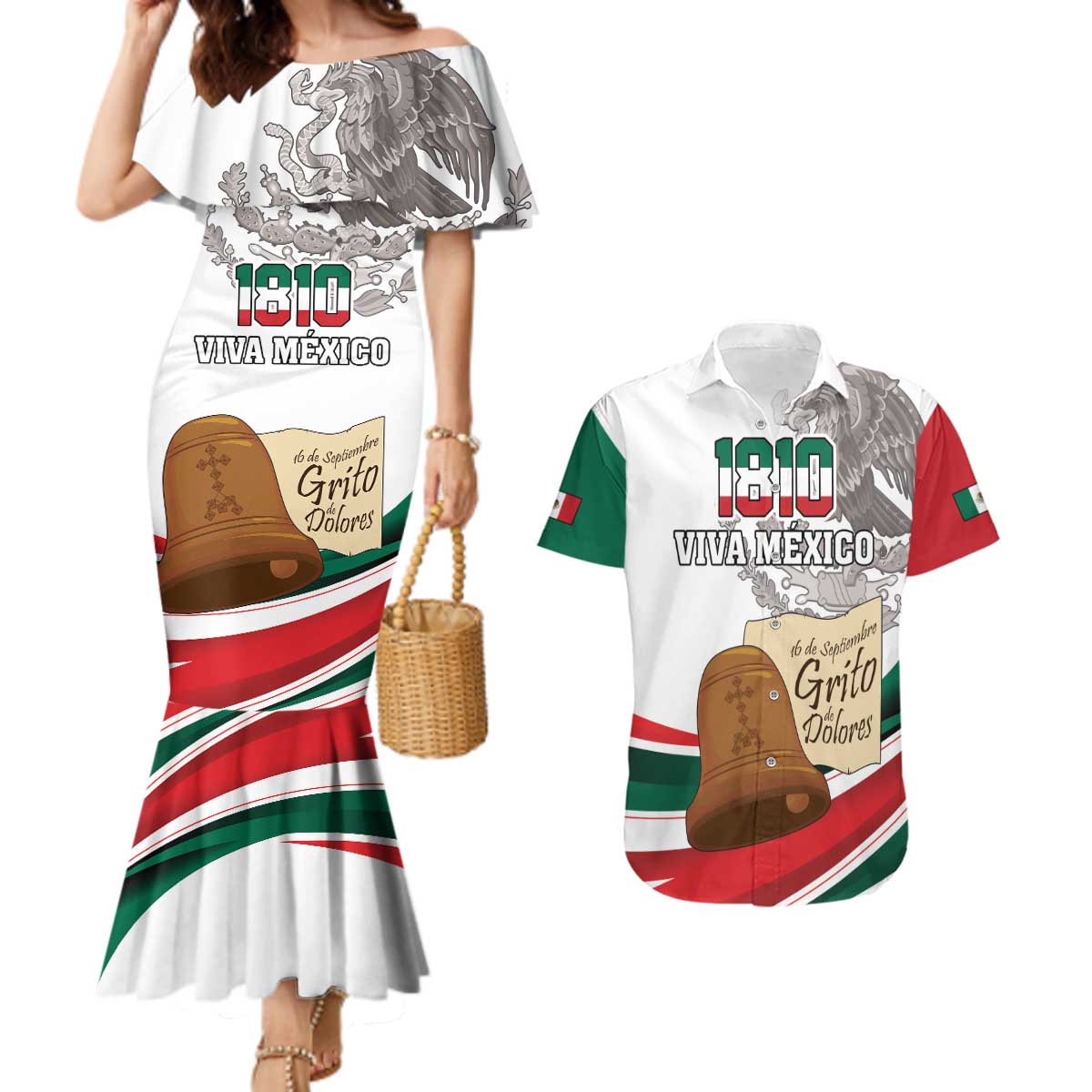 Custom Mexico Independence Day Couples Matching Mermaid Dress and Hawaiian Shirt El Grito De Independencia