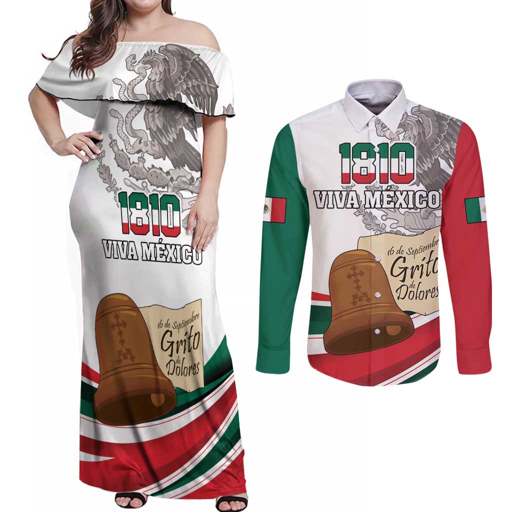 Custom Mexico Independence Day Couples Matching Off Shoulder Maxi Dress and Long Sleeve Button Shirt El Grito De Independencia