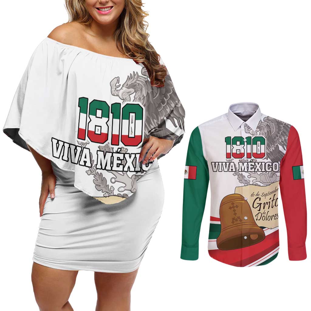 Custom Mexico Independence Day Couples Matching Off Shoulder Short Dress and Long Sleeve Button Shirt El Grito De Independencia