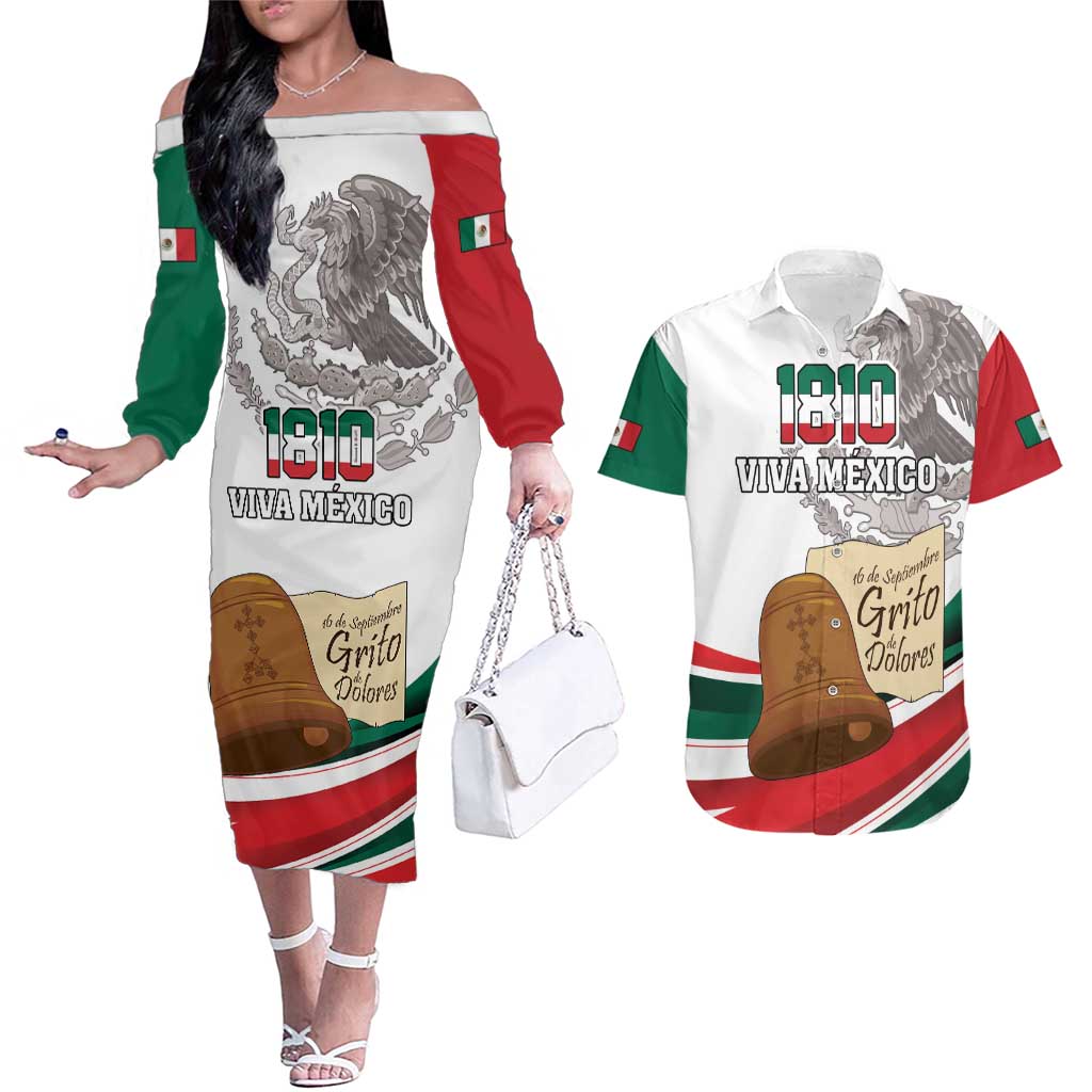 Custom Mexico Independence Day Couples Matching Off The Shoulder Long Sleeve Dress and Hawaiian Shirt El Grito De Independencia