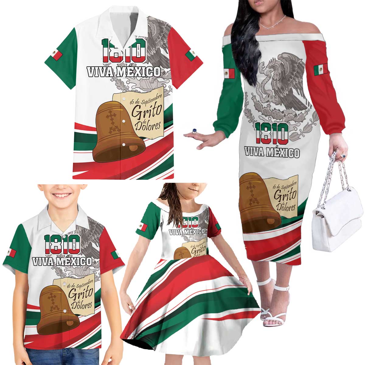 Custom Mexico Independence Day Family Matching Off The Shoulder Long Sleeve Dress and Hawaiian Shirt El Grito De Independencia