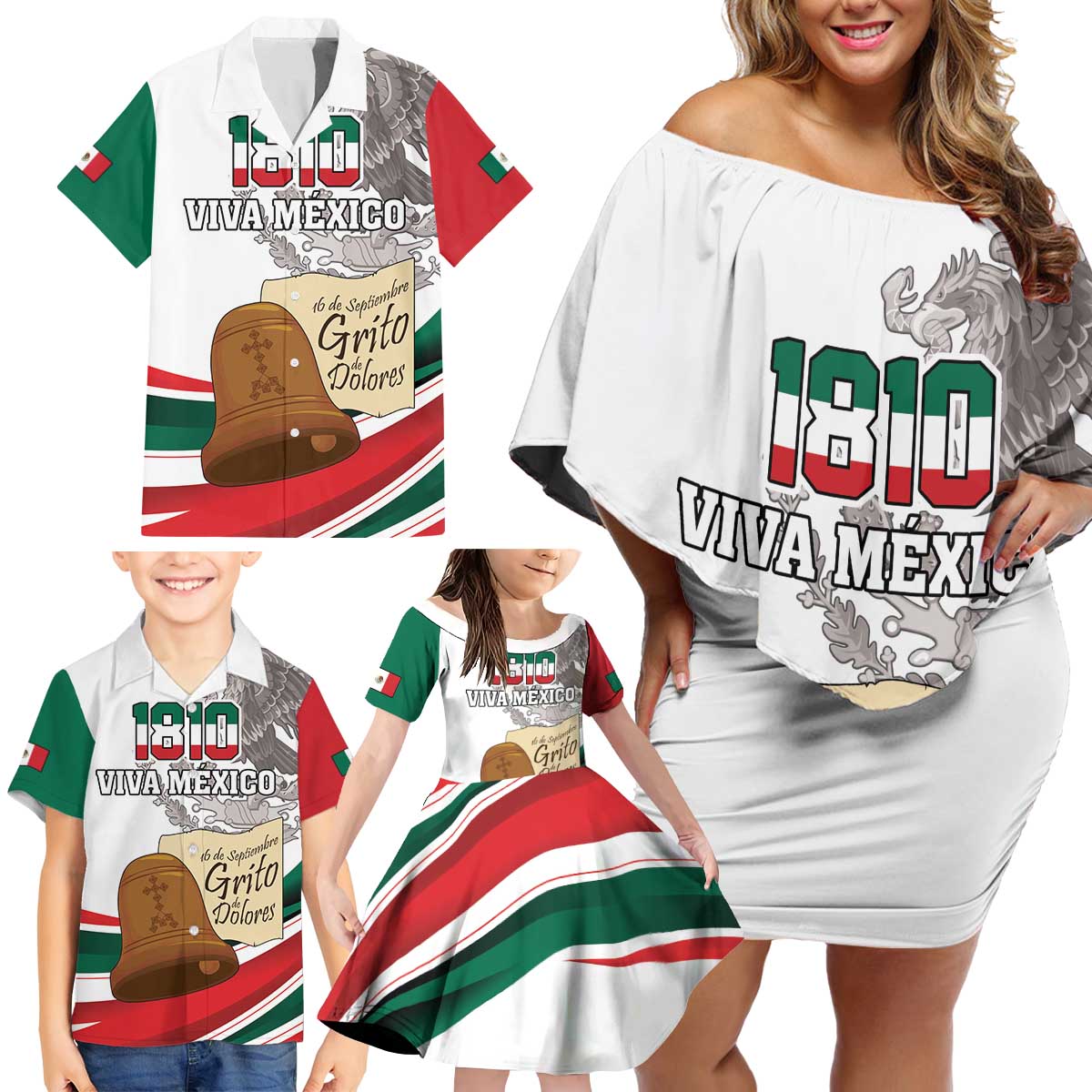 Custom Mexico Independence Day Family Matching Off Shoulder Short Dress and Hawaiian Shirt El Grito De Independencia