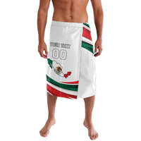 White custom lavalava wrap skirt with red-green stripes and 'YOUR TEXT 00' front