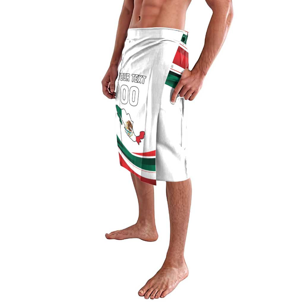 White Mexico-themed lavalava wrap skirt with 'YOUR TEXT 00' and map graphic, side view