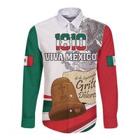 White long sleeve button shirt with Mexico Independence front graphic and 1810 Viva Mexico text