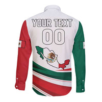 White long sleeve button shirt, back with Your Text 00 and Mexico flag map graphic