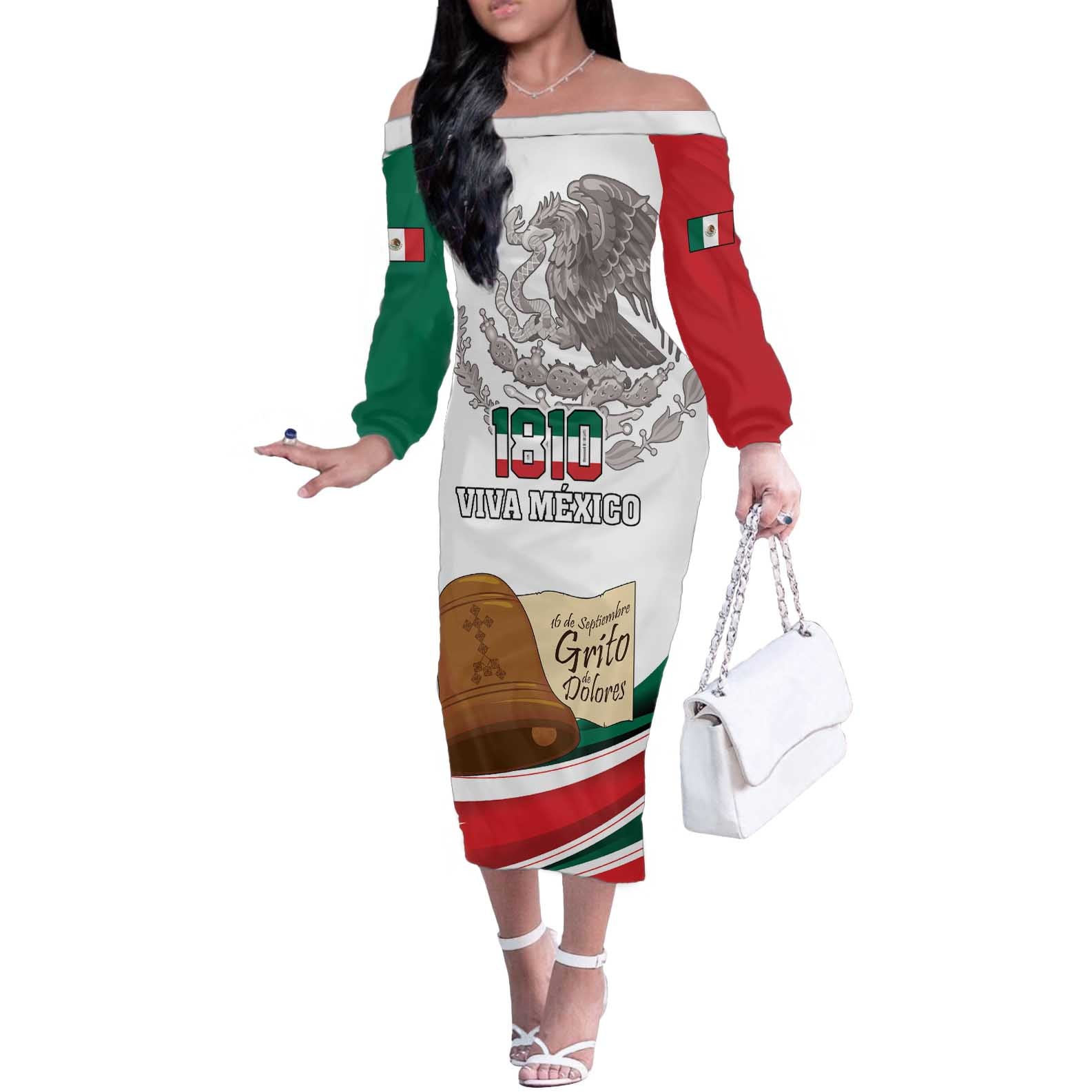 Custom Mexico Independence Day Off The Shoulder Long Sleeve Dress El Grito De Independencia - Wonder Print Shop