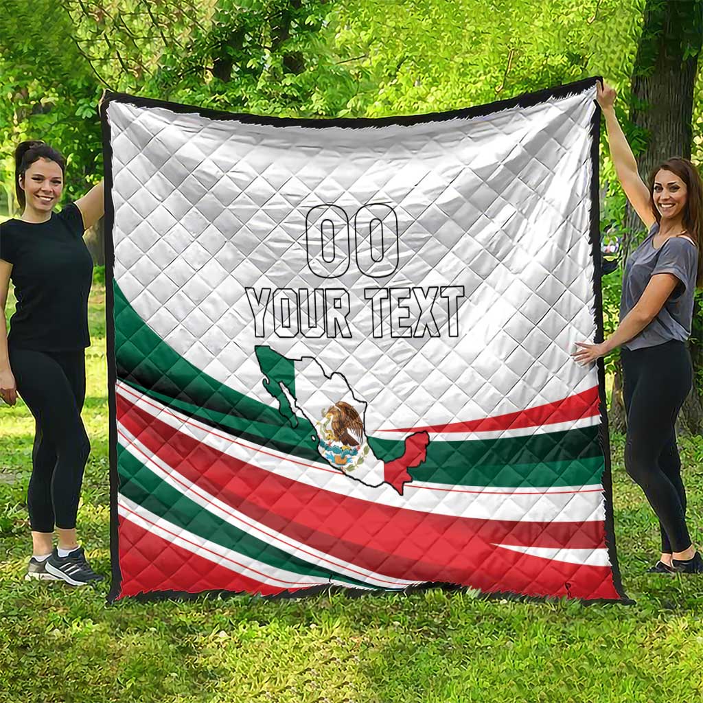 Quilted Mexico Independence Day blanket showing full Mexican flag stripes and custom "YOUR TEXT"