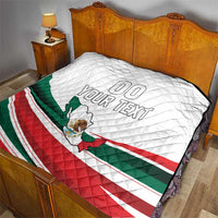 Quilted Mexico Independence Day blanket on bed with Mexican flag design and custom "YOUR TEXT"