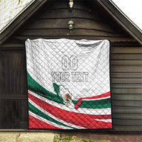 Quilted Mexico Independence Day blanket displayed outdoors with Mexican flag stripes and "YOUR TEXT"