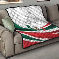 Quilted Mexico Independence Day blanket on sofa with Mexican flag stripes and custom "YOUR TEXT"