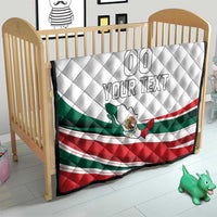 Quilted Mexico Independence Day blanket on a crib with Mexican flag stripes and "YOUR TEXT"