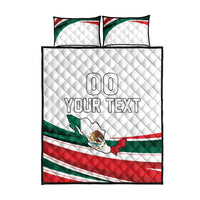 Quilt and two pillow covers, white with Mexico flag stripes and 'OO YOUR TEXT' print