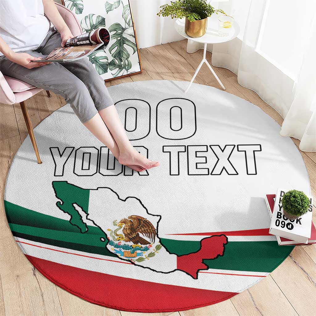 Round rug with Mexico flag design and YOUR TEXT, centered Mexico map graphic, red edge