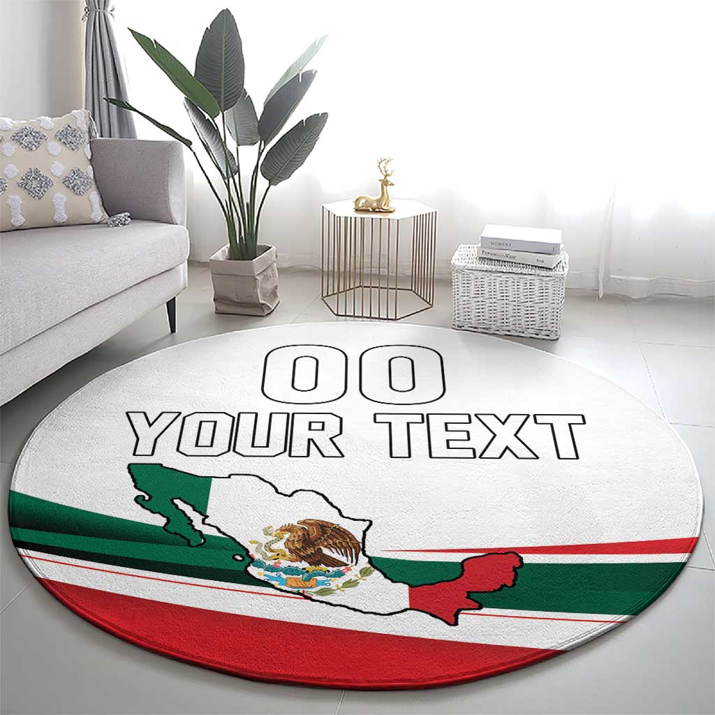 Round rug with Mexico flag design, YOUR TEXT text and map, circular shape on floor
