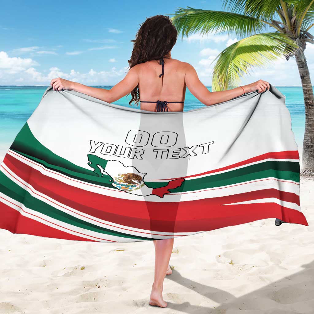 Mexico-themed white sarong draped over shoulders, green-red stripes and custom text