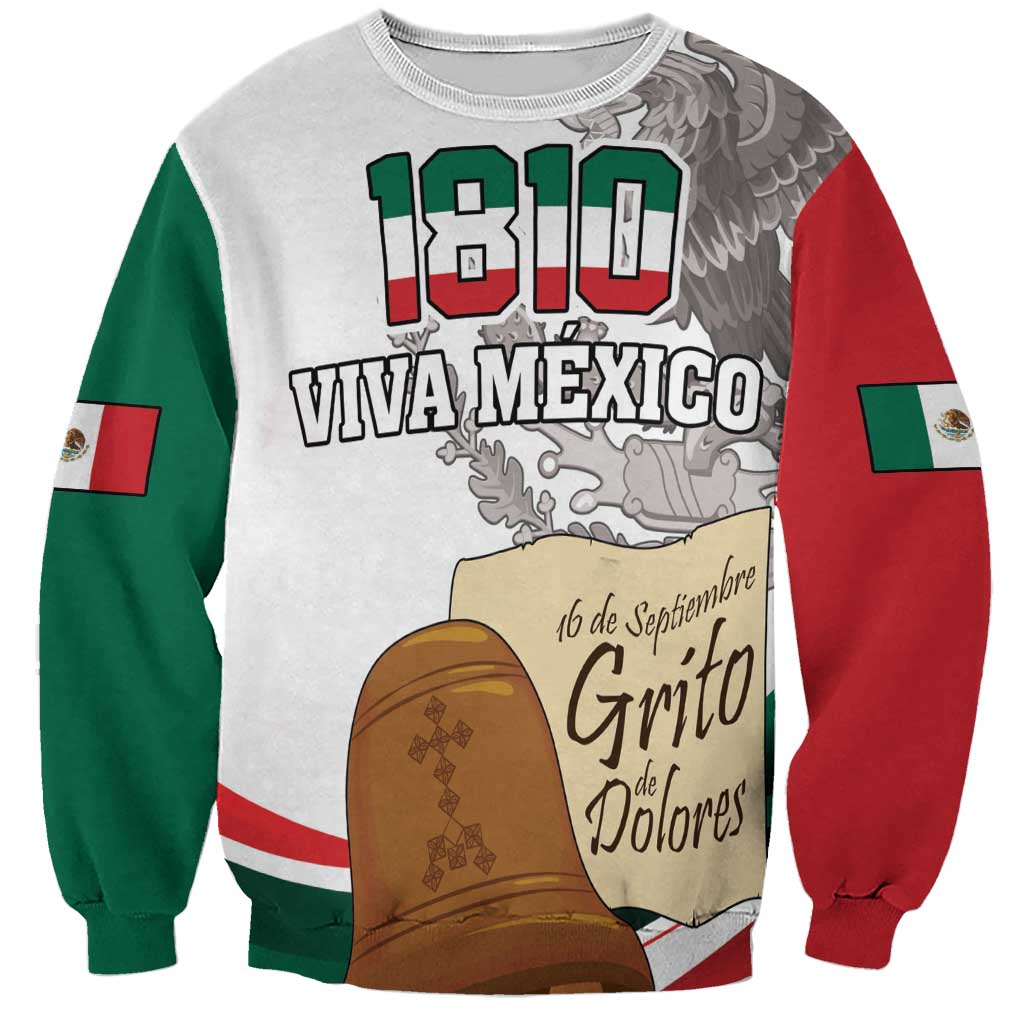 Unisex Mexico independence sweatshirt, white front with 1810 and VIVA MEXICO print; flag sleeves