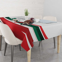 Mexico-themed tablecloth spread across dining table with red, green, white stripe print