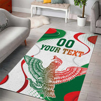 White area rug with green and red curved shapes, rooster illustration, custom text