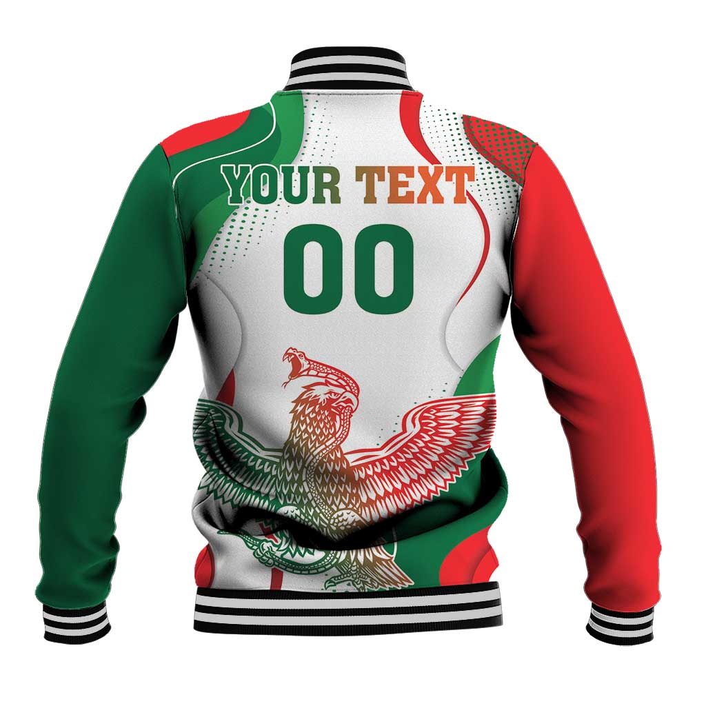 Unisex baseball jacket, back graphic with YOUR TEXT and 00 on red, green, white.