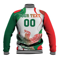 Unisex baseball jacket, back graphic with YOUR TEXT and 00 on red, green, white.