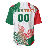 White baseball jersey with green and red side graphics, YOUR TEXT and 00 on back