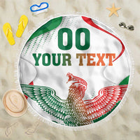 Round beach blanket, white with multicolor Mexican eagle graphic and green fringe border