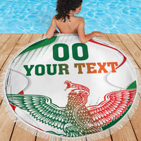 Round beach blanket with fringe edge, white center with “00 YOUR TEXT” and eagle