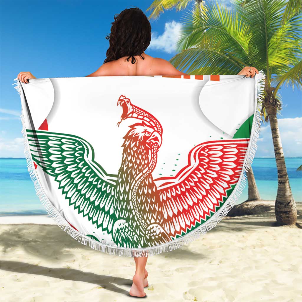 Round beach blanket with fringe, white with Mexican eagle graphic and “00 YOUR TEXT”