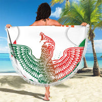 Round beach blanket with fringe, white with Mexican eagle graphic and “00 YOUR TEXT”