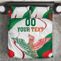 White duvet and pillowcase set with Mexican flag eagle graphic and “YOUR TEXT”