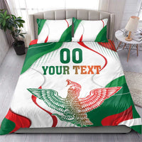 White bed bedding set with Mexican flag eagle graphic and large “YOUR TEXT”