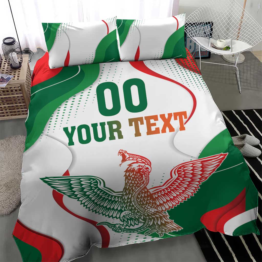 White bedding set with green and red flag waves, eagle art, and “00 YOUR TEXT”