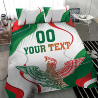 White bedding set with green and red flag waves, eagle art, and “00 YOUR TEXT”