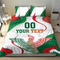 White duvet and pillows with Mexican flag design, eagle emblem, and “00 YOUR TEXT”