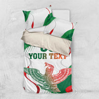 White bedding set with Mexican flag design, eagle graphic, and “YOUR TEXT”