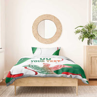 White duvet cover with Mexican flag eagle graphic and “YOUR TEXT” on bed