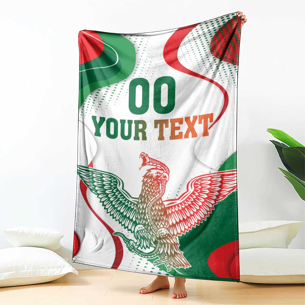 White Mexico independence blanket, eagle design with green and red accents, 'YOUR TEXT'