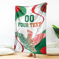 White Mexico independence blanket, eagle design with green and red accents, 'YOUR TEXT'