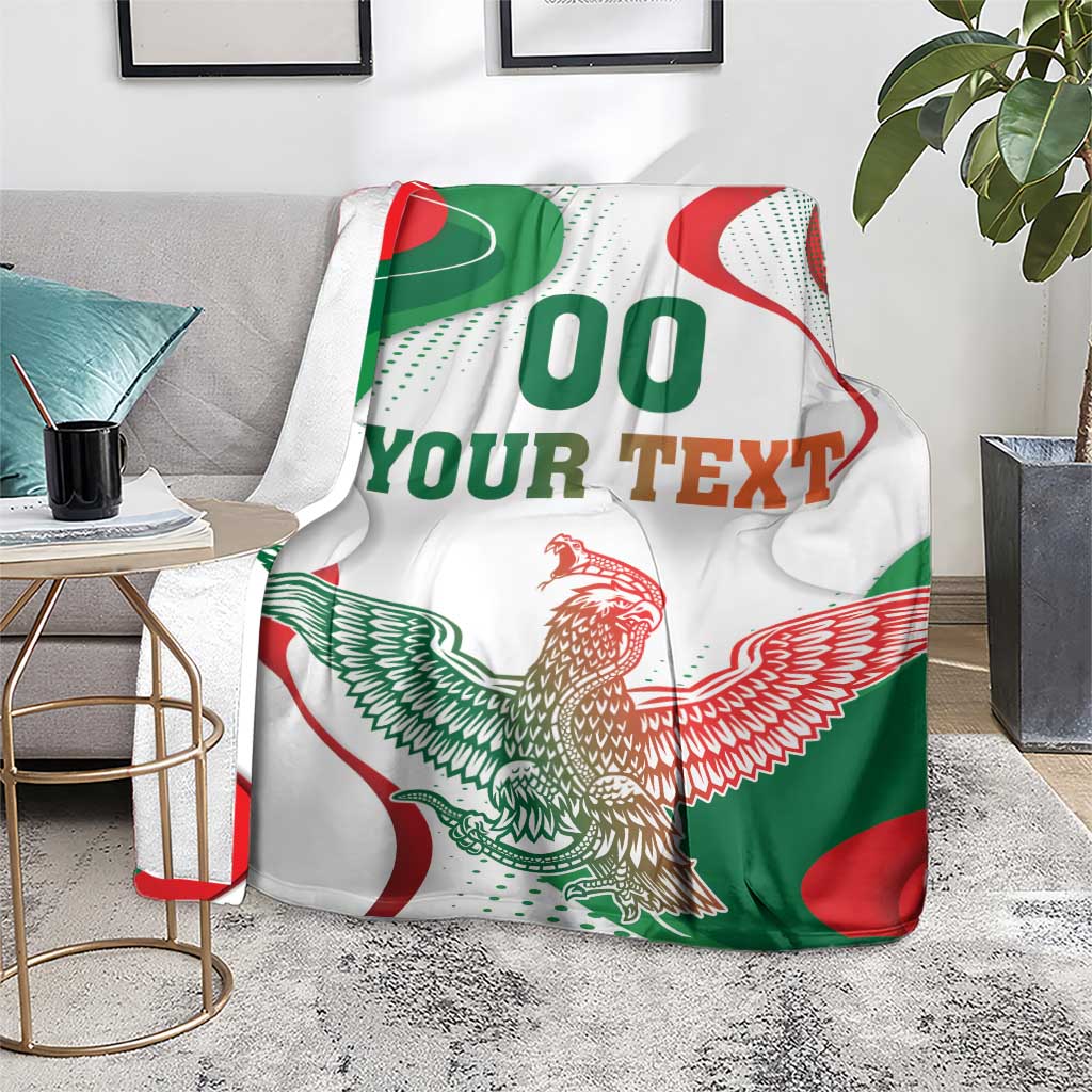 White throw blanket with eagle art, green/red shapes, and 'YOUR TEXT' printed