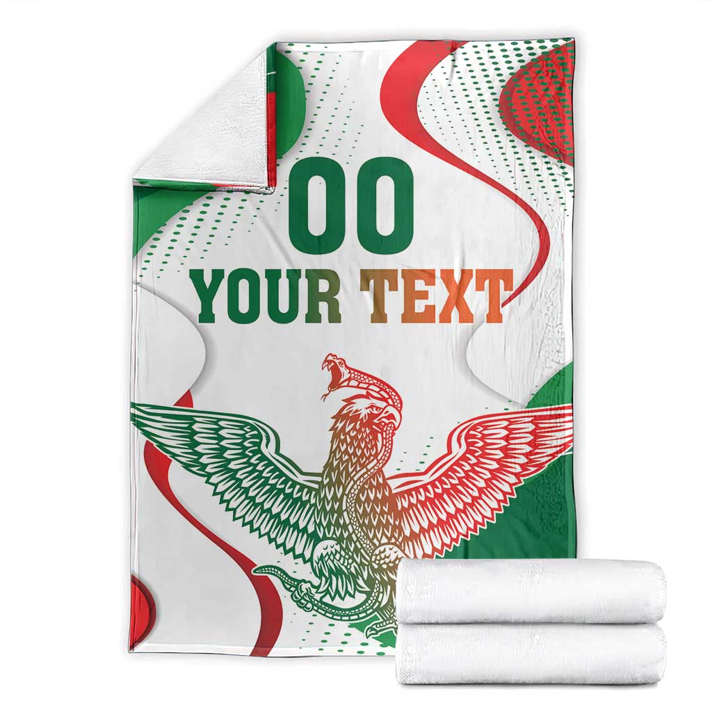 White blanket with folded stack, eagle graphic, green/red waves, 'YOUR TEXT'