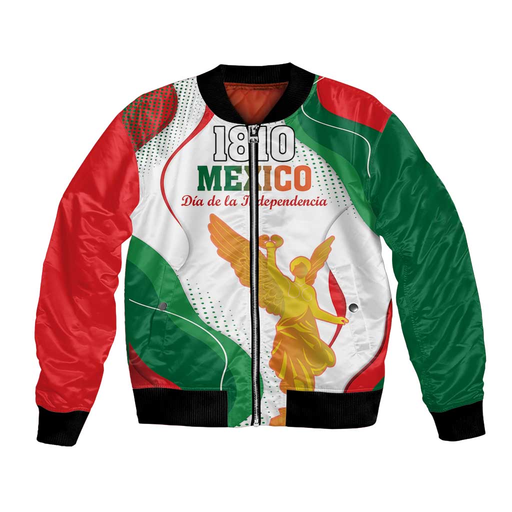 White bomber jacket with red-green panels, zip front, black cuffs; 1810 Mexico graphic
