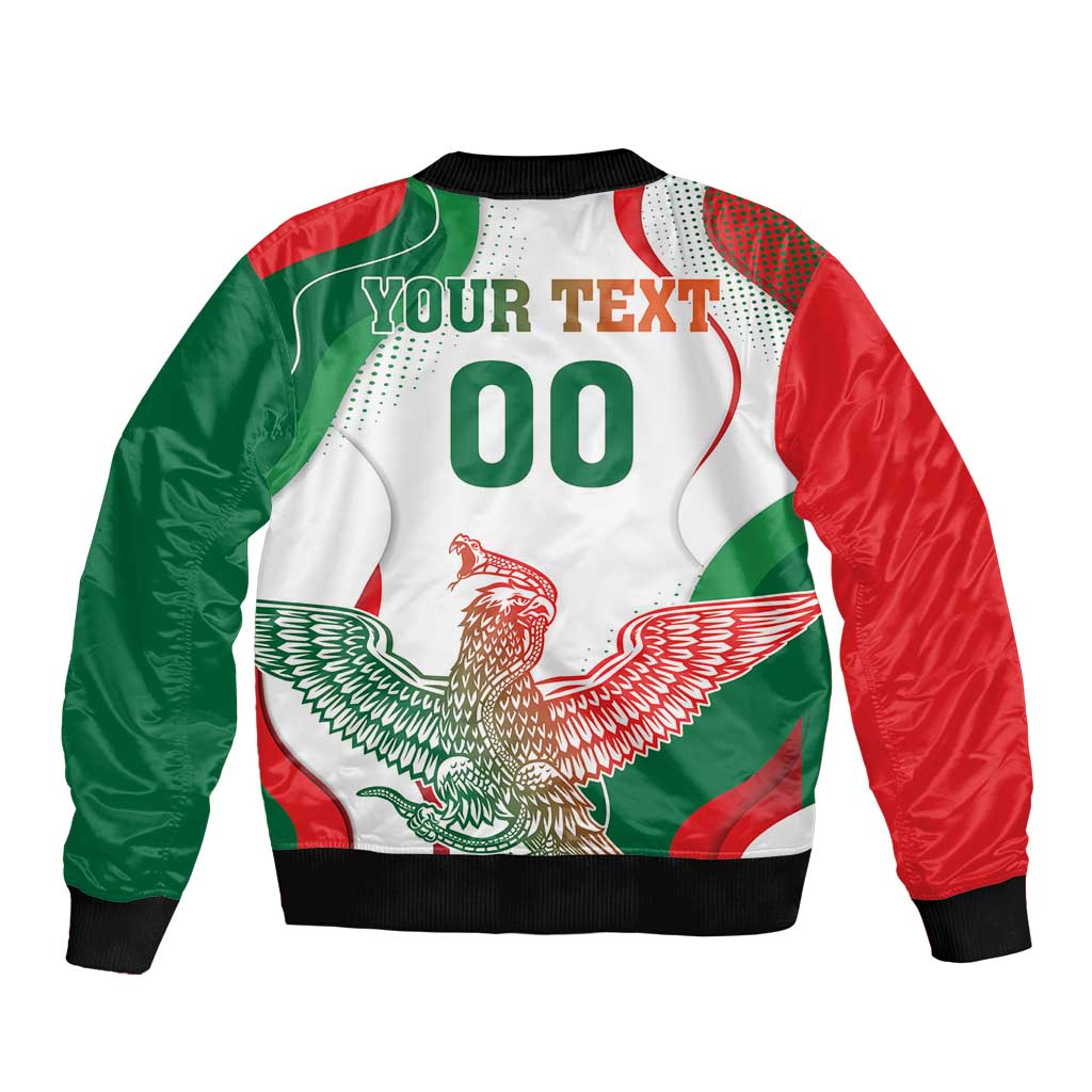 Red-green-white bomber jacket with black ribbed hem; eagle graphic and 'YOUR TEXT' top