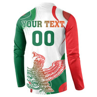 Zip-up sweatshirt back, white/green/red, 'YOUR TEXT' and '00' print with eagle.